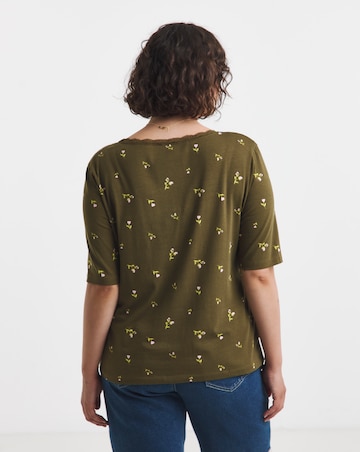 Simply Be Olive Ditsy Floral Short Sleeve Square Neck Rib Top