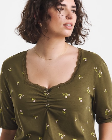 Simply Be Olive Ditsy Floral Short Sleeve Square Neck Rib Top