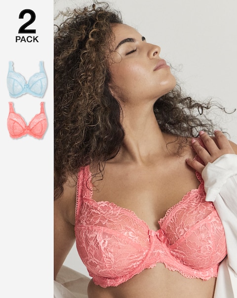 Pretty Secrets (2 Pack) Ella Lace Full Cup Wired Bras (C-H) Blue/Coral