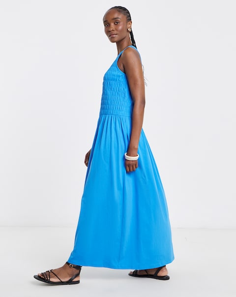 Blue Shirred Jersey Maxi Dress