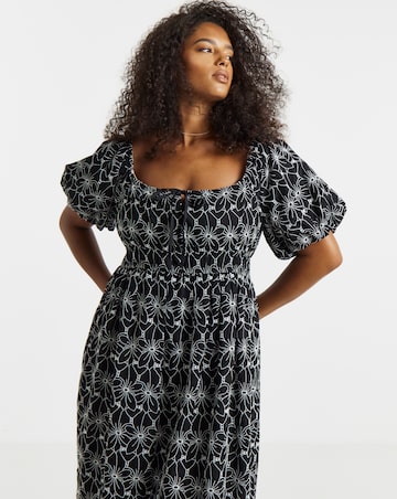 Lovedrobe Broderie Puff Sleeve Square Neck Elasticated Waist Midi Dress