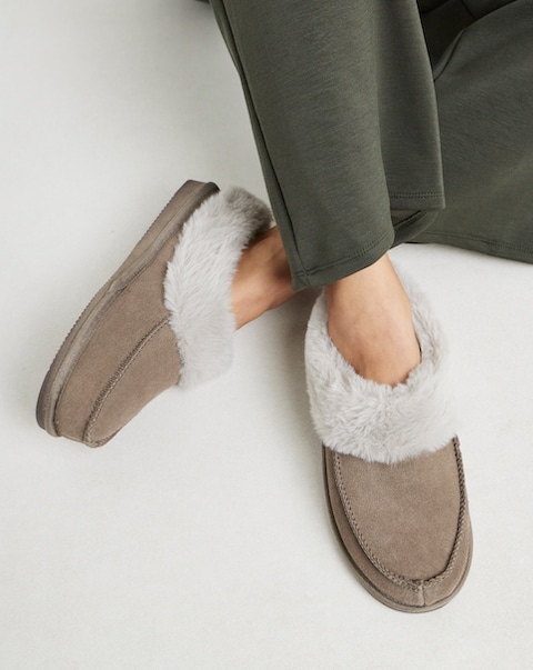 Capri Full Suede Faux Fur Trim Slippers - Extra Wide Fit (EEE)