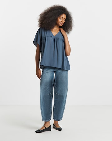 Petrol Blue V Neck Short Sleeve Smock Top