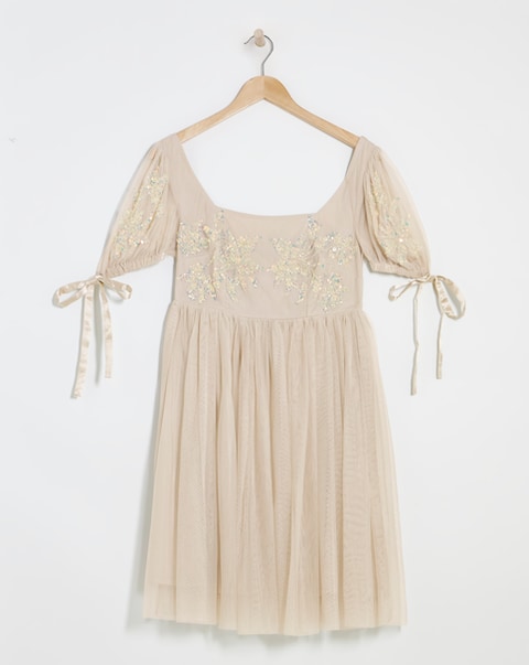 Maya Curve Puff Sleeve Glitter Embroidered Tulle Mini Dress