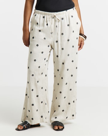 Simply Be Daisy Embroidered Linen Mix Wide Leg Trouser