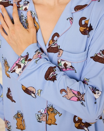 Chelsea Peers Classic Long Sleeve Button Up Cat Print Pyjama Set