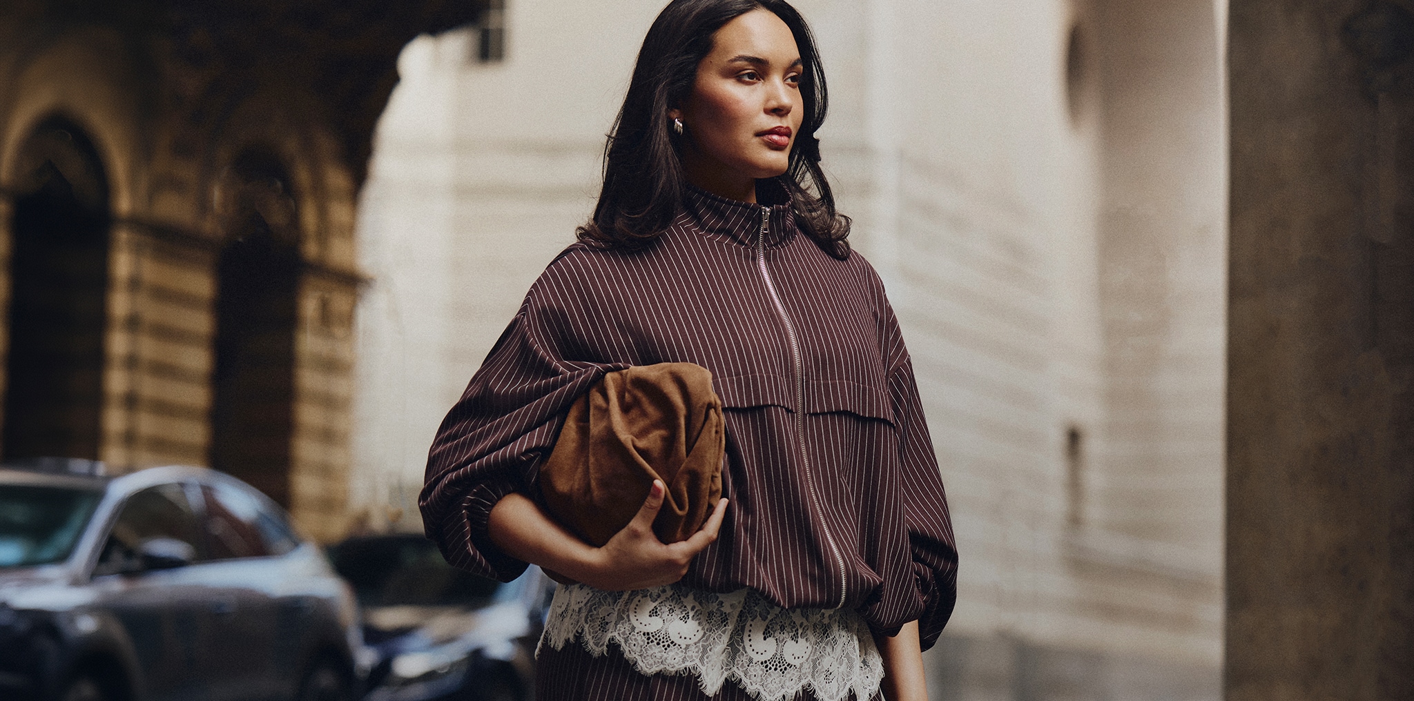 Model wears new season pin-stripe jacket