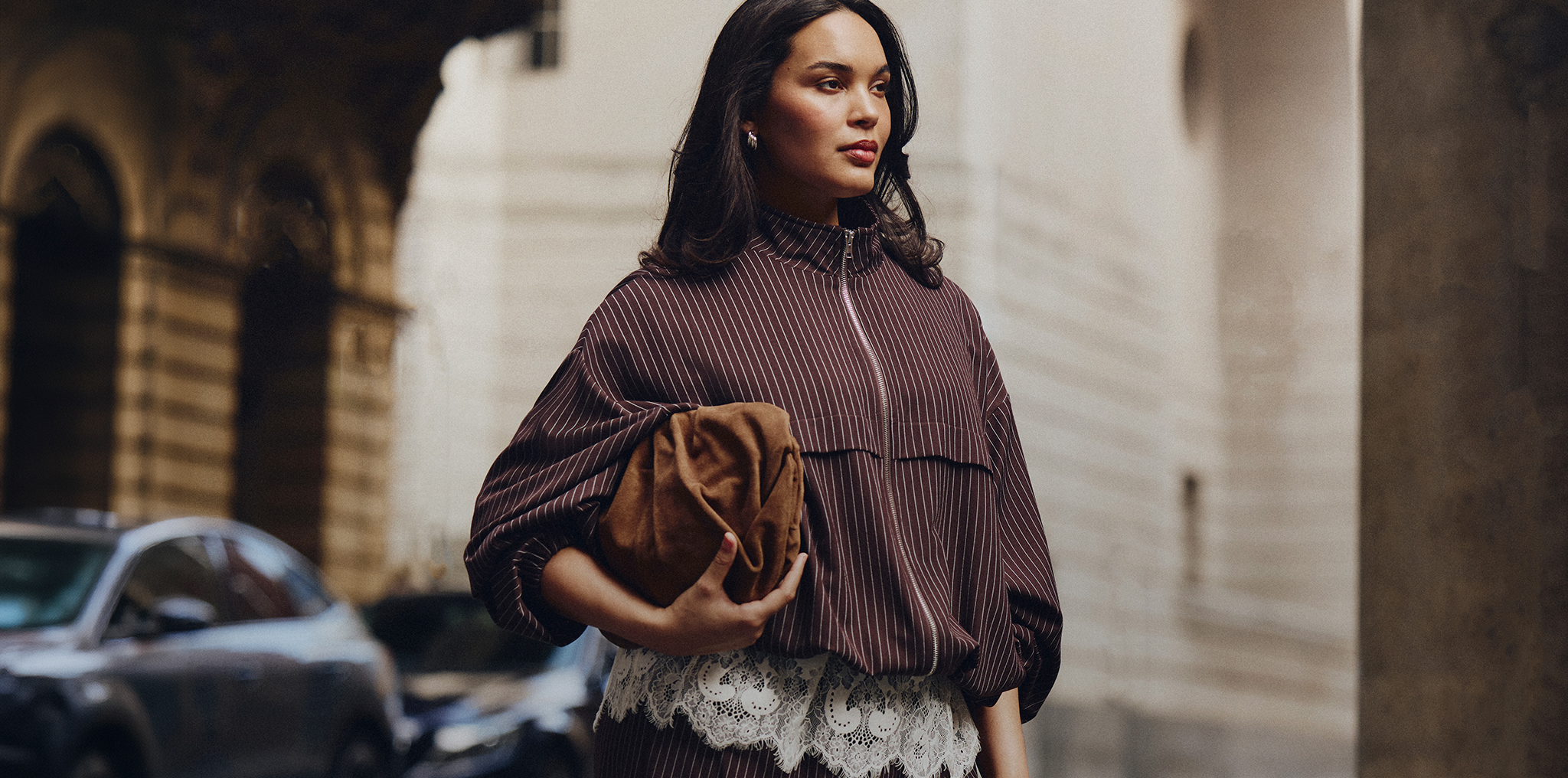 Model wears new season pin-stripe jacket