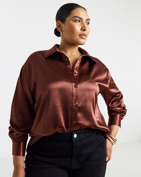 Simply Be Copper Liquid Satin Oversized Shirt