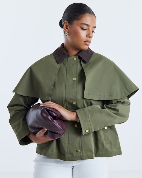 Olive Cord Collar Detachable Cape Jacket