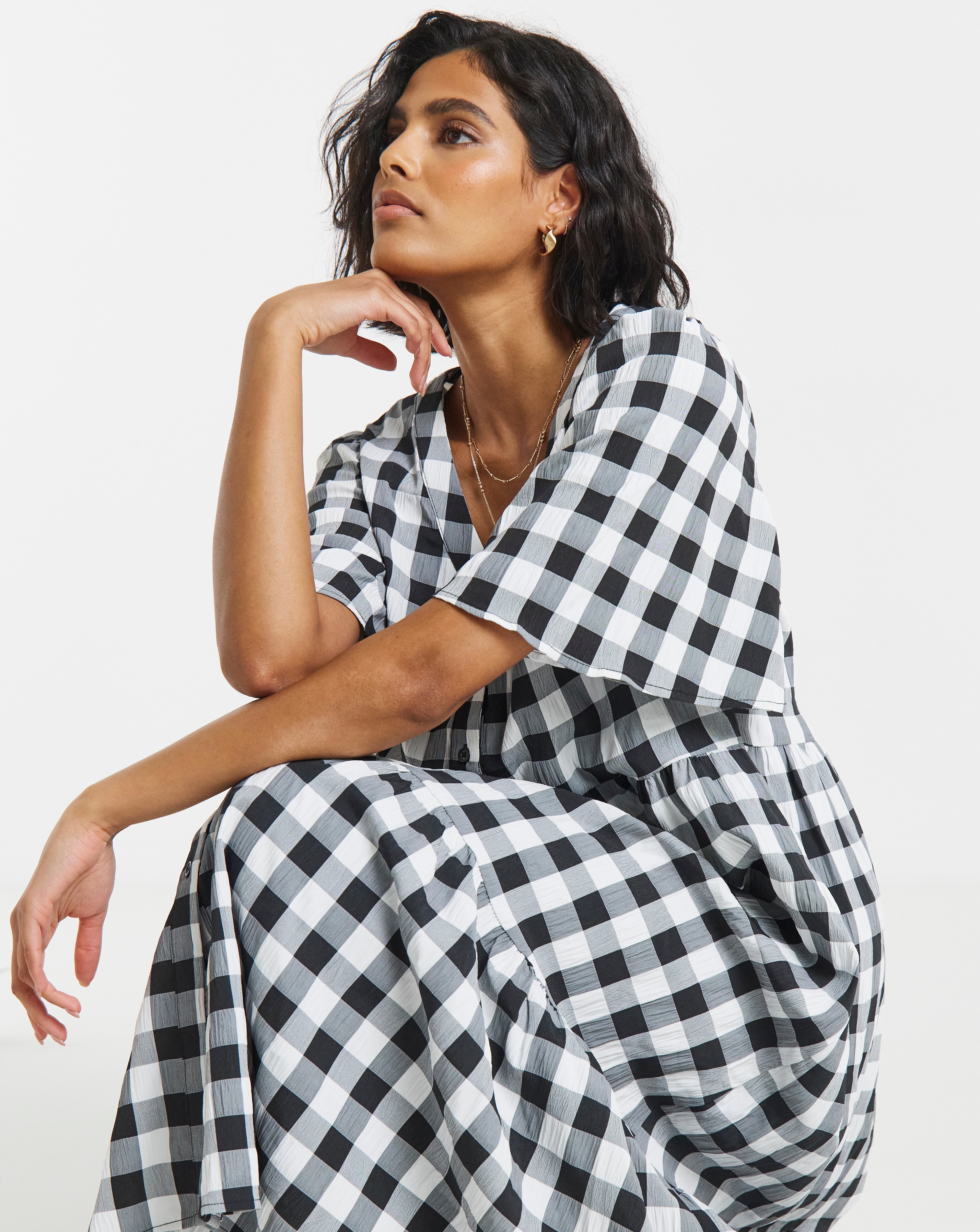 Simply Be Mono Check Gingham Button Up Midi Dress | Simply Be