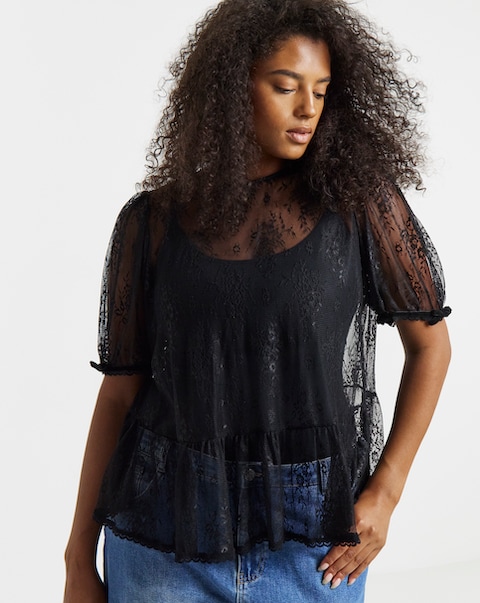 Simply Be Black Short Sleeve Lace Peplum Top