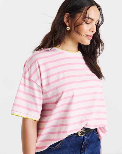 Simply Be Pink Stripe Scallop T-Shirt