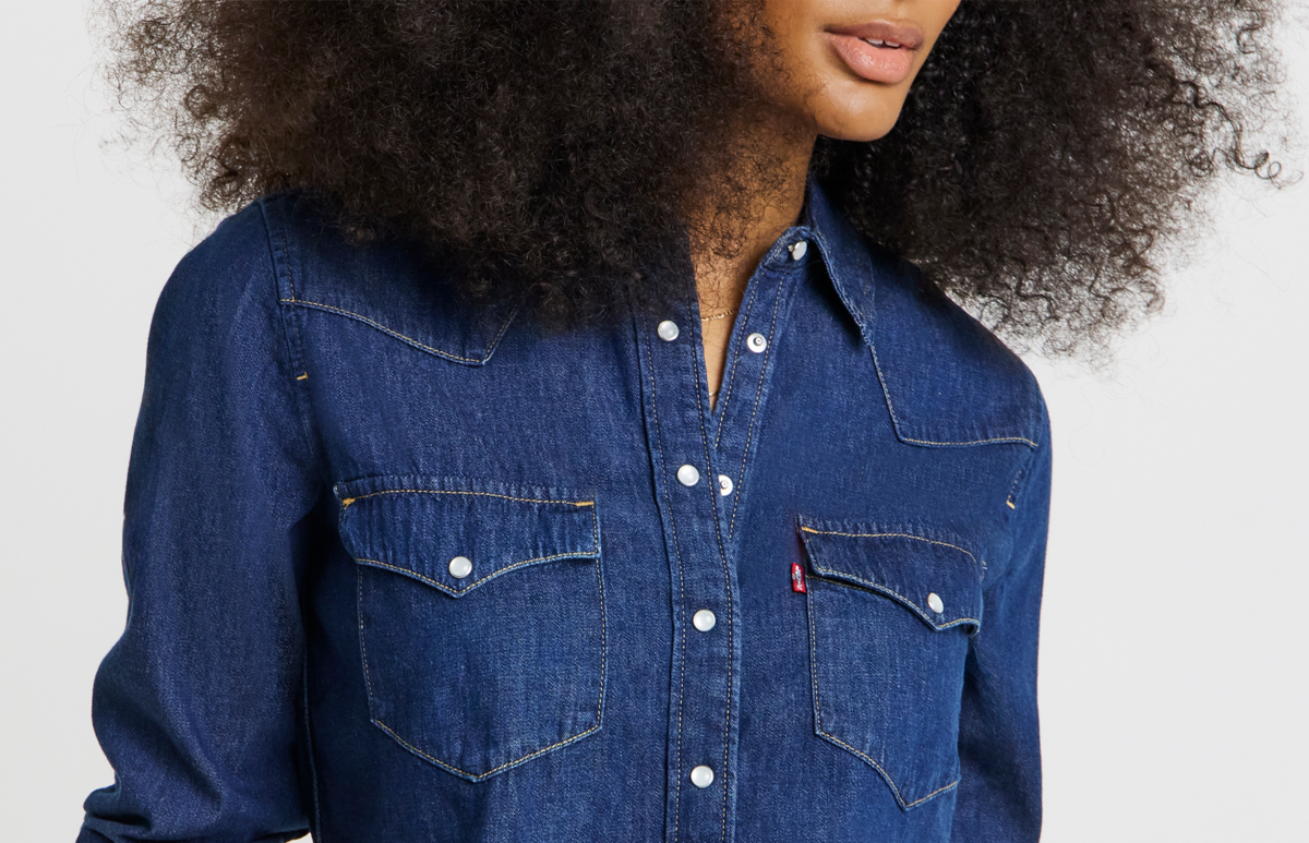 model wearing denim jacket levis