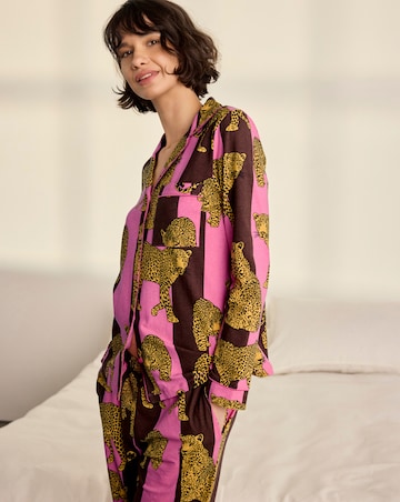 Chelsea Peers Classic Cotton Long Sleeve Button Up Stripe Leopard Pyjama Set