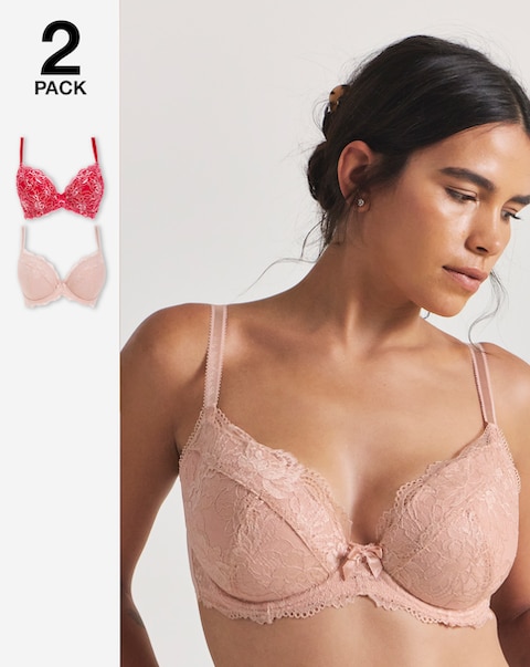 Pretty Secrets 2 Pack Ella Lace Padded Plunge Wired Bras B-F - Pink Multi