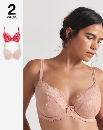 Pretty Secrets 2 Pack Ella Lace Padded Plunge Wired Bras B-F - Pink Multi