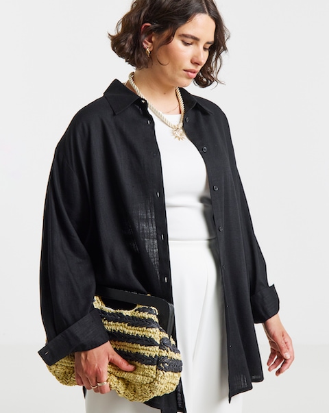 Black Linen Mix Gathered Sleeve Boxy Shirt