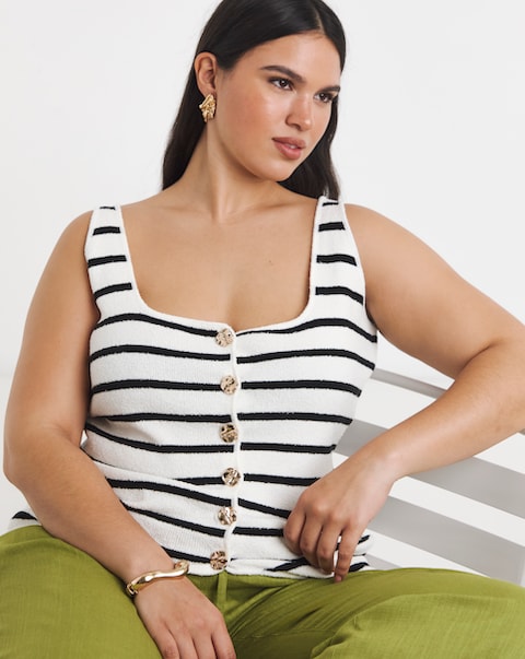 Stripe Knitted Scoop Neck Vest with Button Detail