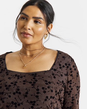 Simply Be Chocolate Floral Flocked Mesh Square Neck Top