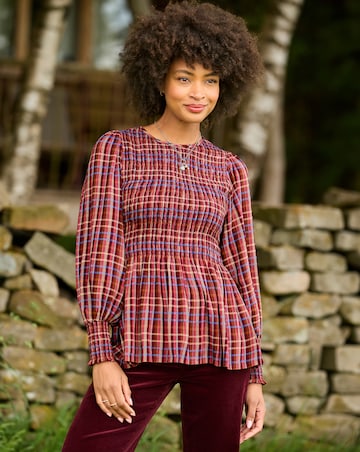 Joe Browns Matilda Checked Blouse With Sheered Body And Balloon Sleeve