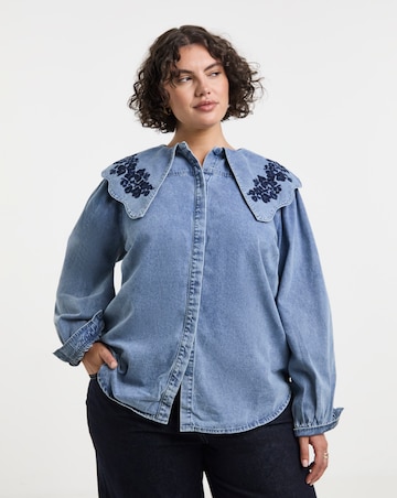 Mid Wash Puff Sleeve Denim Blouse with Embroidered Collar
