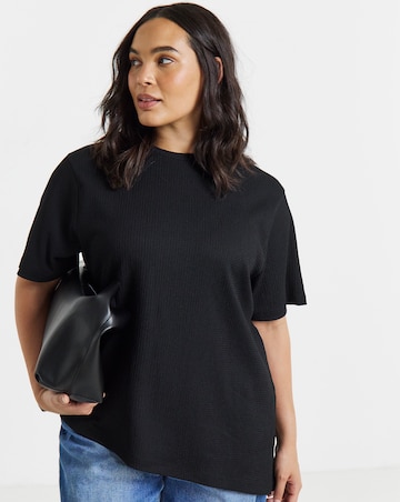 Simply Be Black Crew Neck Textured Asymmetrical Hem Longline Top