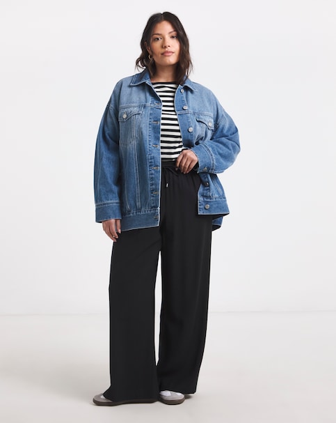 Tie Waist Twill Wide Leg Trousers