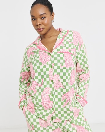 Chelsea Peers Organic Cotton Classic Pyjama Set Checkerboard Leopards Print