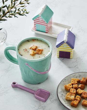 Pastel Bucket Mug with Spade Spoon and Beach Hut Salt & Pepper Shakers bundle