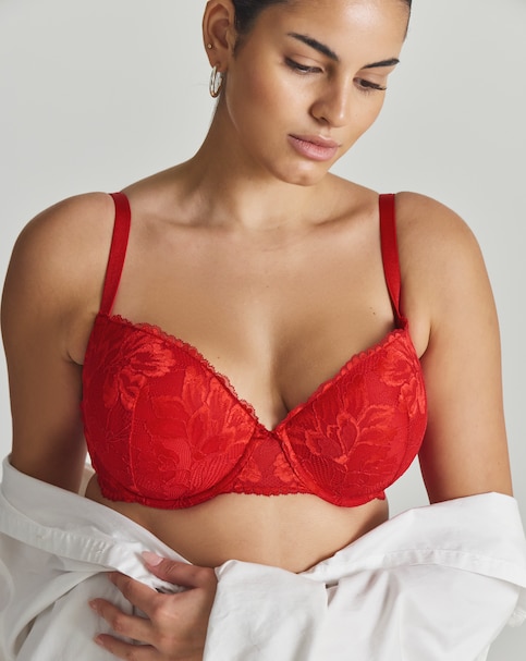 Dorina Curves Perfect Lace Padded Plunge Wired Bra Red