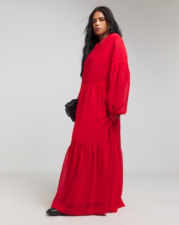 Red Tiered Romantic Maxi Dress With Tie Detail