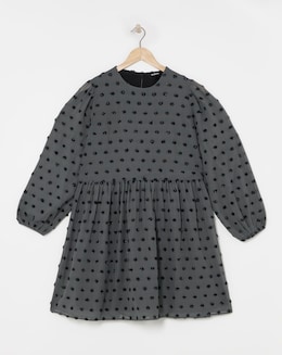 Grey Spot Oversized Dobby Long Sleeve Smock Dress