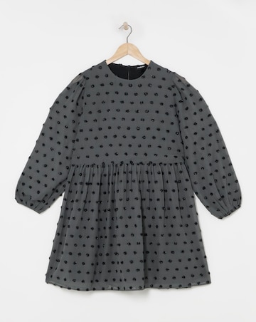 Grey Spot Oversized Dobby Long Sleeve Smock Dress