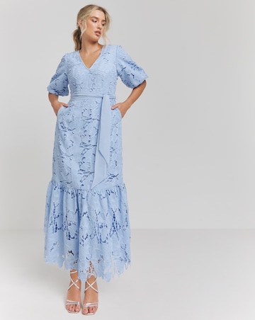 Joanna Hope Blouson Sleeve Belted Lace Dress
