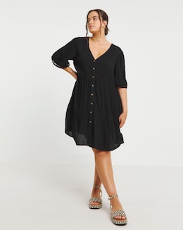 Black Crinkle Tiered Smock Dress With Ladder Trim