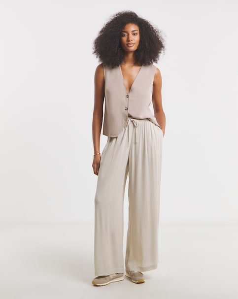 Simply Be Stone Tie Waist Crinkle Wide Leg Trousers