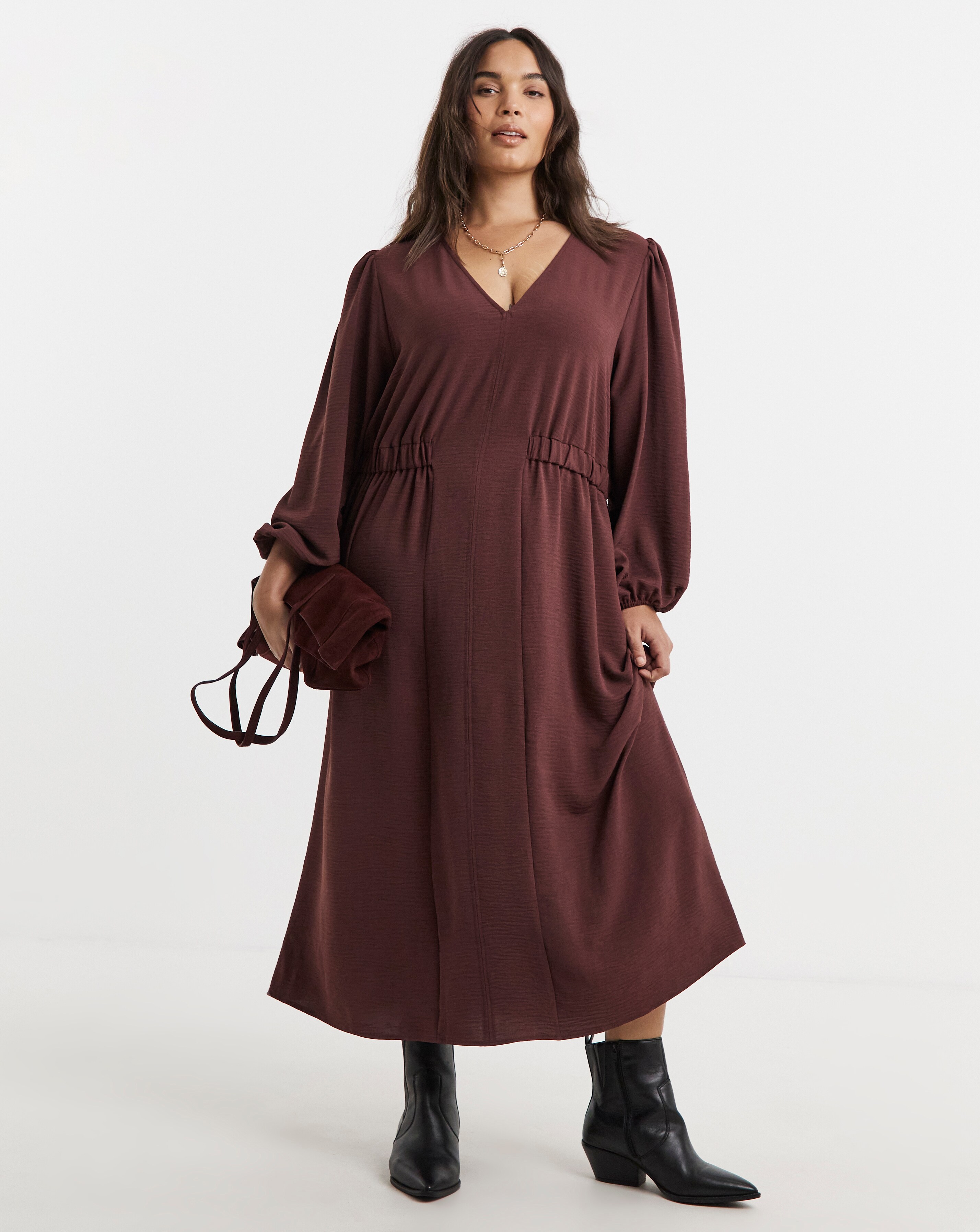 Burgundy Cinched Waist Midi Dress With Pockets