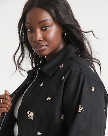 Washed Black Floral Embroidered Utility Shacket