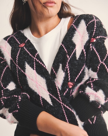 Sequin Heart Fluffy Argyle Boyfriend Cardigan