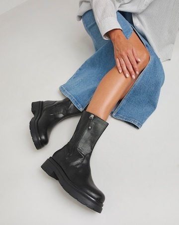 Breener Leather Outside Zip Chunky Ankle Boots - Wide Fit (E)