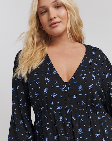 Blue Print Button Through V Neck Midi Dress
