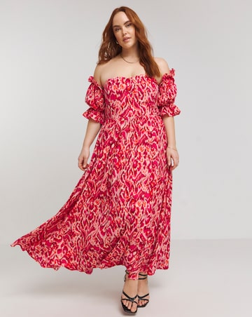 Lovedrobe Ikat Print Shirred Back Bardot Maxi Dress