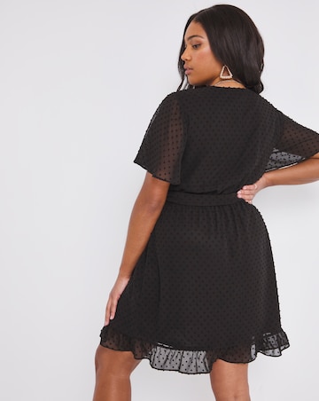 Black Short Sleeve Wrap Dobby Skater Dress