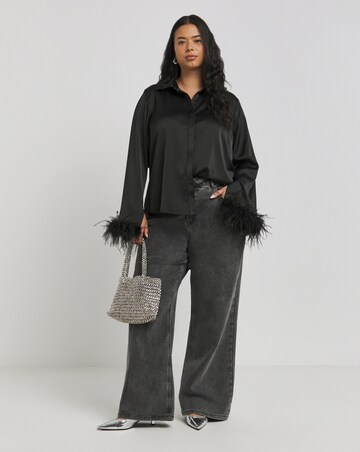 Lovedrobe Black Satin Shirt with Feather Cuffs