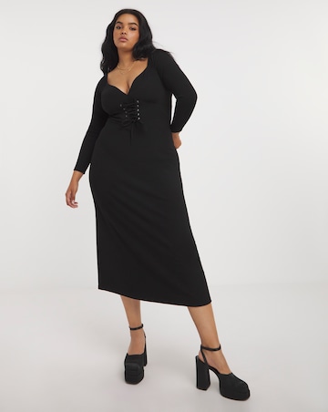 Black Corset Detail Rib Midi Dress
