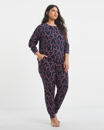 Pretty Secrets Soft Knit Crew Neck Heart Print Pyjama Set Navy
