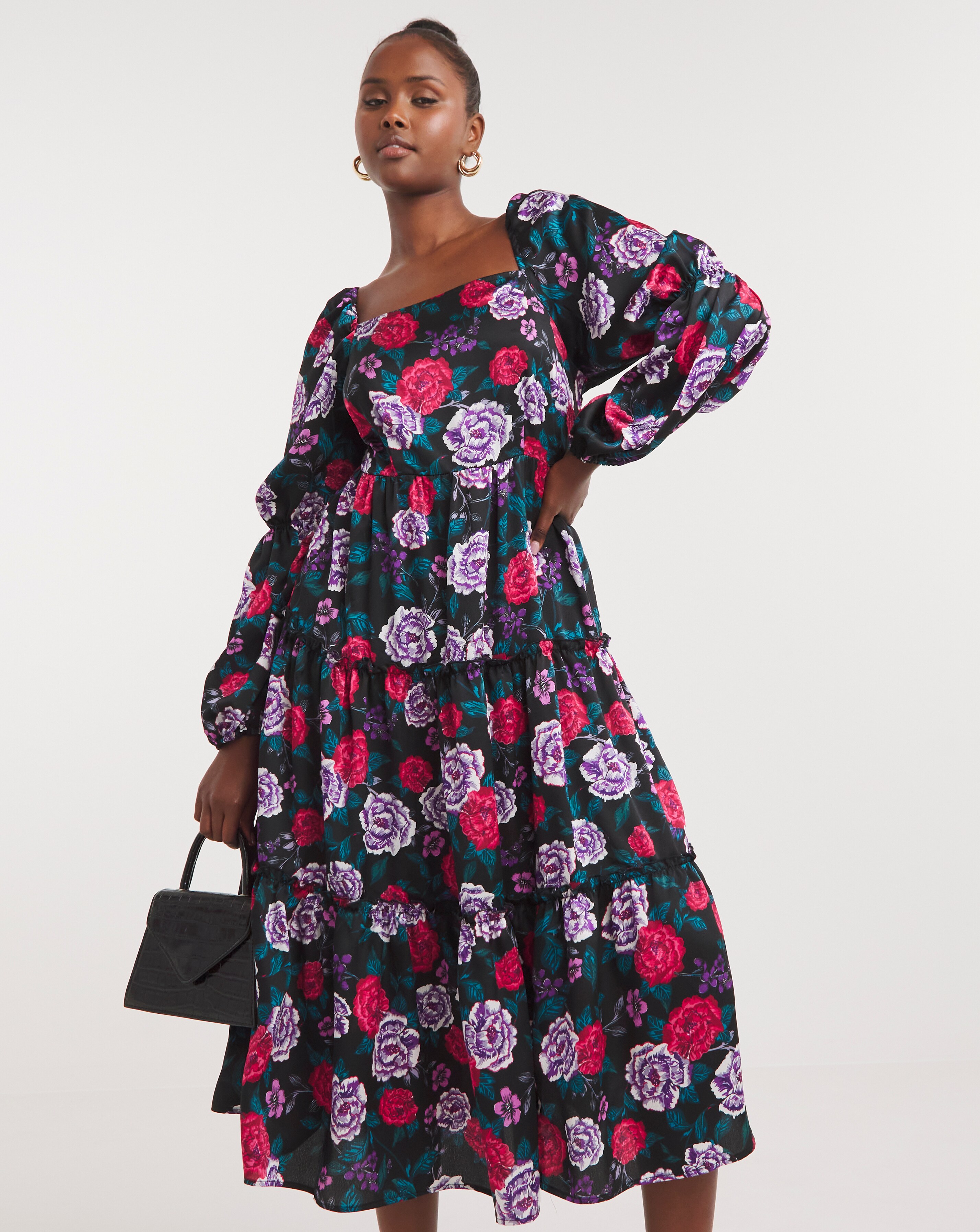 Oversized Floral Satin Square Neck Midi Dress Simply Be