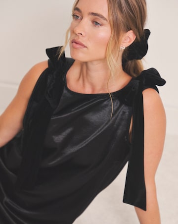 Black Satin Shift Dress With Bow Straps
