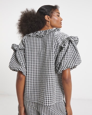 Neon Rose Gingham Seersucker Blouse with Pintuck Daisy Trims